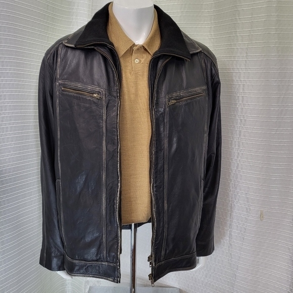Transmission Other - TRANSMISSION Distressed Leather Jacket Collared Removable Lining Black Men's L